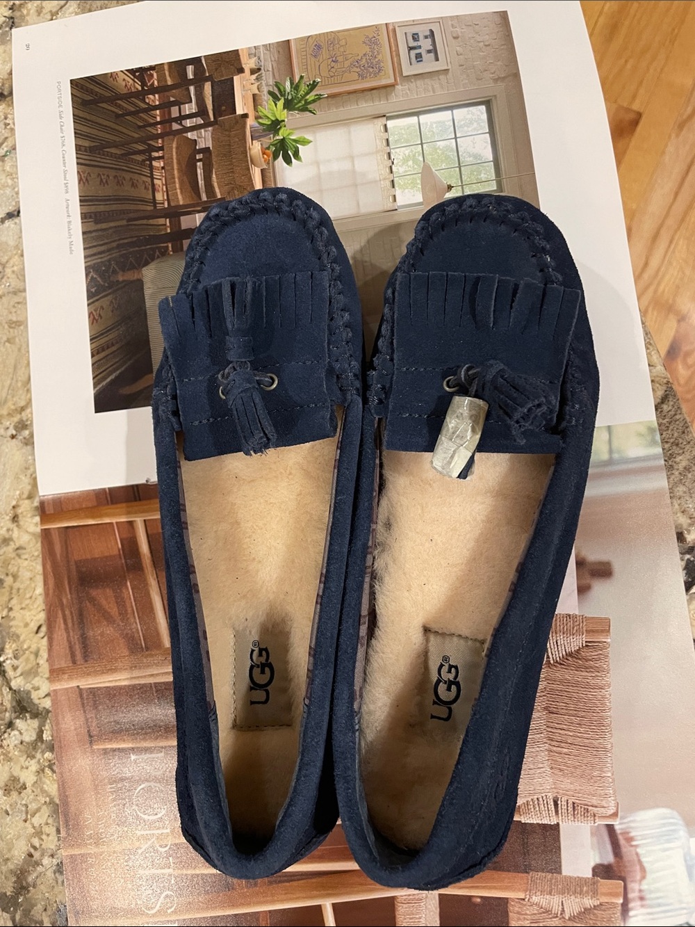 NWT UGG Women's Navy Suede Tassel Moccasins with Shearling Lining